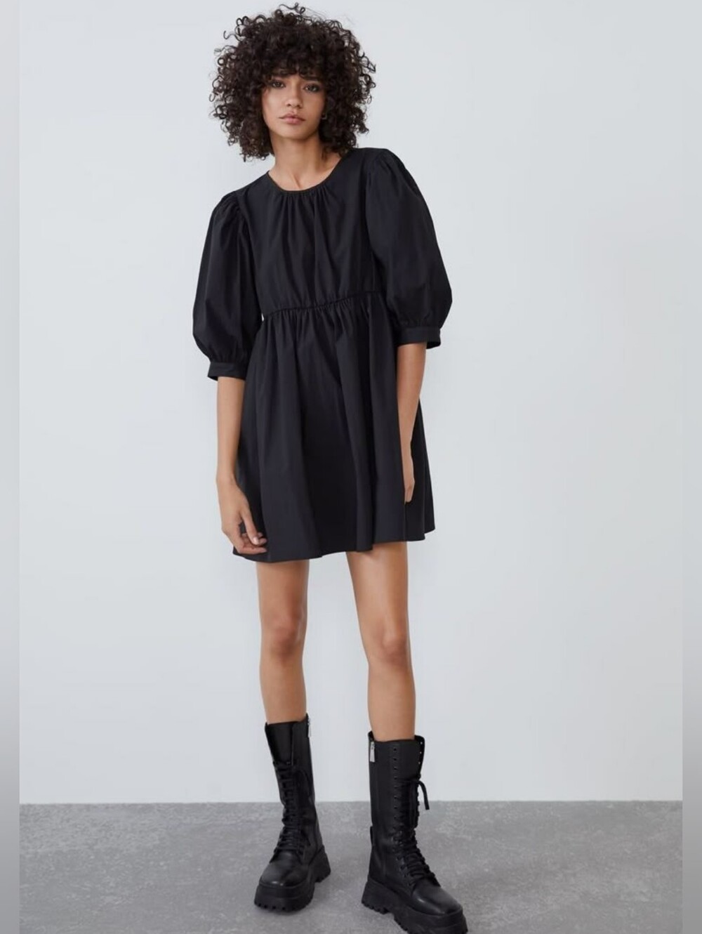 Zara Black Poplin Puff Sleeve Babydoll Mini Dress with Pockets | Open Back | XS